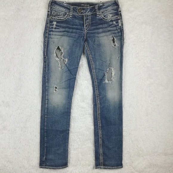 Silver Womens Jeans Tuesday Slim Blue Denim Destroyed Stone Wash Low Rise 29‎ - Picture 1 of 16